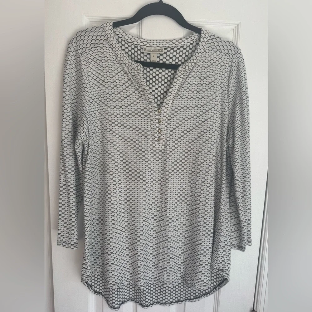 Dana Buchman Pullover Knit Top Black/ White Honeycomb Pattern 3/4 Sleeve Size L - Picture 1 of 8